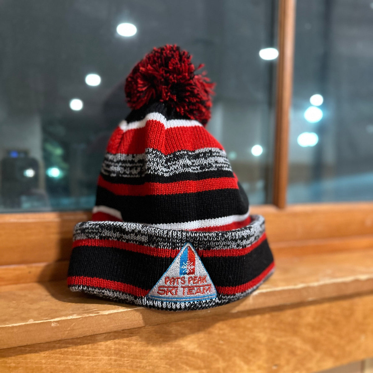 Columbia OS Hat Palmer Peak Pom Beanie in Red Lily Check Shark NWT Sideline Peak Beanie with Removable Pom | Red/White  main image 3